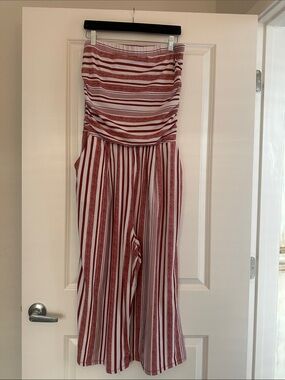 Derek Heart Red and White Strapless Wide-Leg Jumpsuit